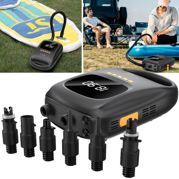 Akku-SUP-Luftpumpe (120W) mit Powerbank – Kabellose Pumpe mit 20 PSI, 7500 mAh Akku & Digitalanzeige, inkl. 6 Aufsätze