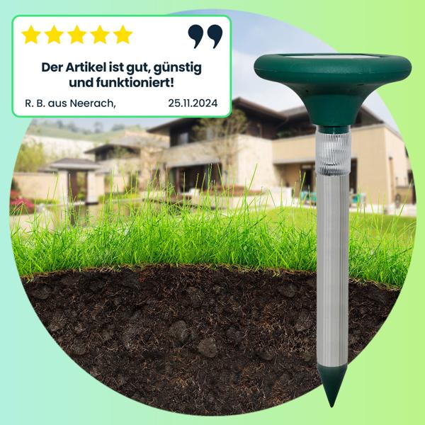 Profi Solar Maulwurfschreck mit eleganter Beleuchtung - Effektive & giftfreie 400Hz Abwehr Plus Gartenbeleuchtung