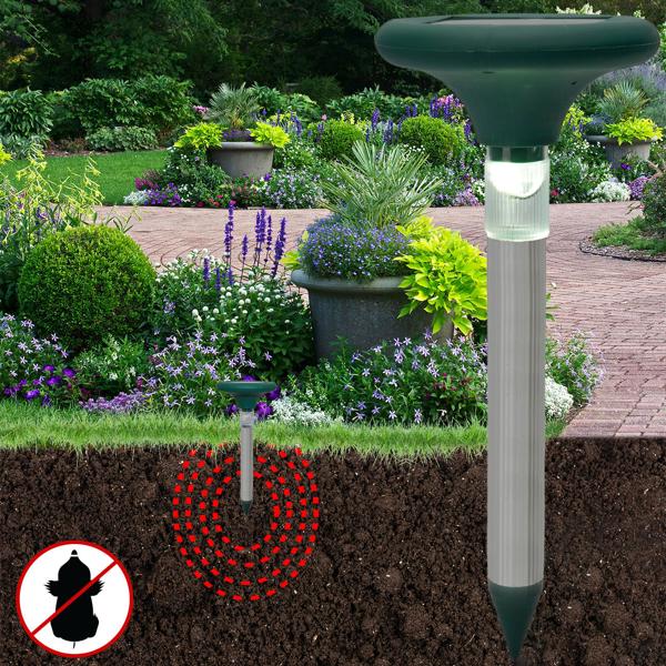 Profi Solar Maulwurfschreck mit eleganter Beleuchtung - Effektive & giftfreie 400Hz Abwehr Plus Gartenbeleuchtung