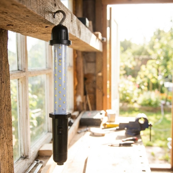LED Arbeitsleuchte mit Haken - Batteriebetrieben - 30 LEDs, 130 Lumen, 12000K, 416x58x58mm, ideal für Werkstatt, Camping & Baustelle - Robust, hell, mobil