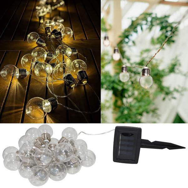 Solar-LED-Lichterkette mit 20 warmweissen LEDs in Glühbirnenform, 3,8 m, wetterfest, energiesparend, für Garten, Balkon & Terrasse, IP44