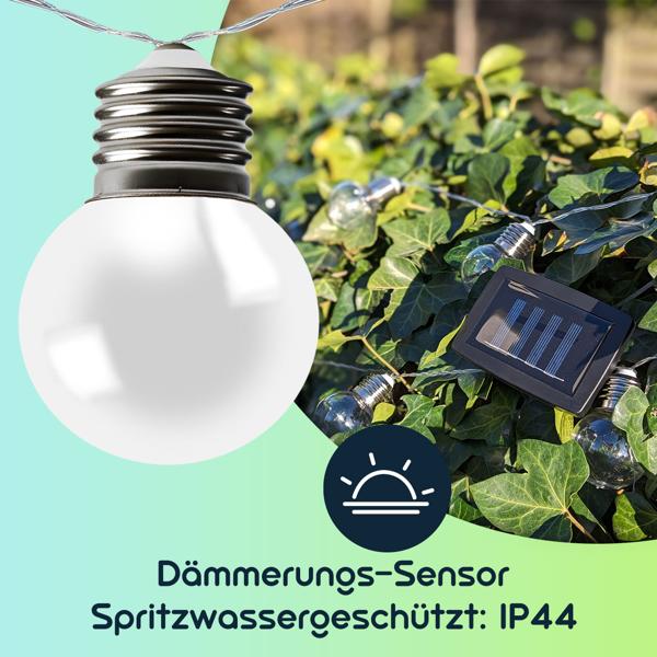 Solar-LED-Lichterkette mit 20 warmweissen LEDs in Glühbirnenform, 3,8 m, wetterfest, energiesparend, für Garten, Balkon & Terrasse, IP44