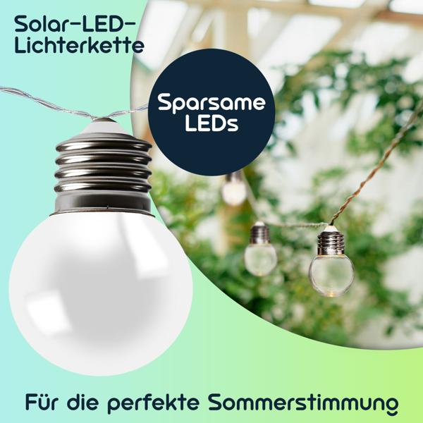 Solar-LED-Lichterkette mit 20 warmweissen LEDs in Glühbirnenform, 3,8 m, wetterfest, energiesparend, für Garten, Balkon & Terrasse, IP44