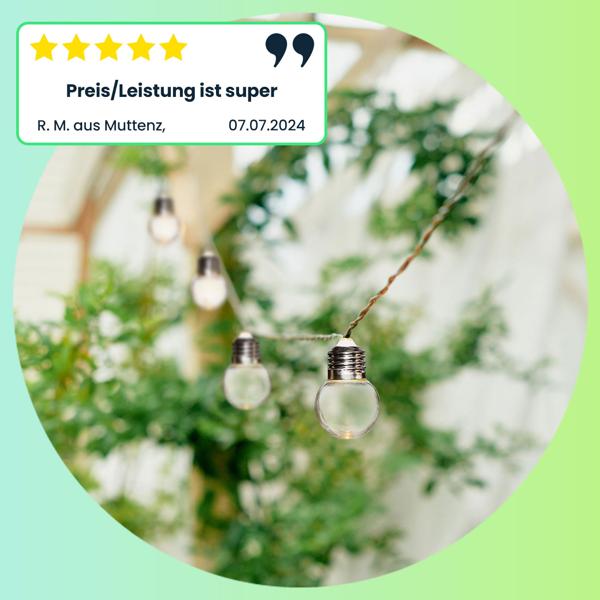 Solar-LED-Lichterkette mit 20 warmweissen LEDs in Glühbirnenform, 3,8 m, wetterfest, energiesparend, für Garten, Balkon & Terrasse, IP44