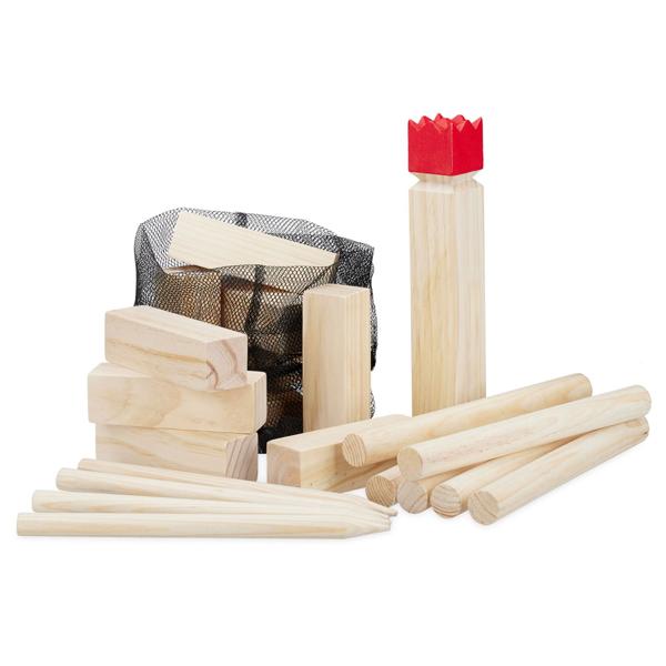 Wikingerspiel Kubb aus Vollholz - Outdoor-Spass für 2-12 Personen im Garten & Park - inkl. rotem König & praktischer Netztasche - fördert Teamgeist