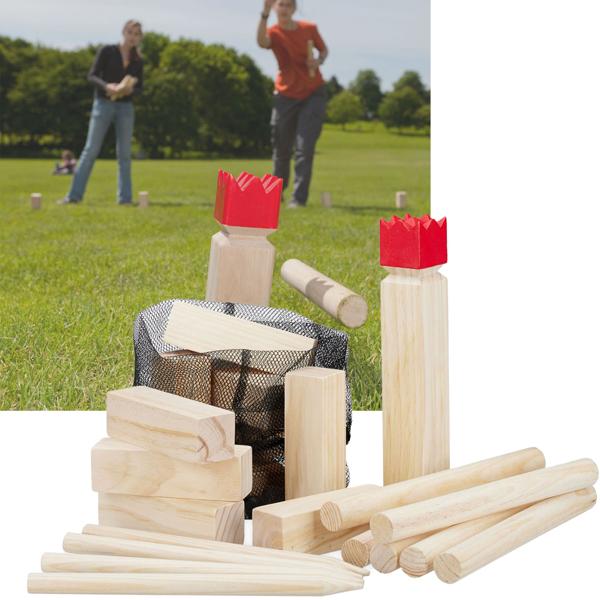 Wikingerspiel Kubb aus Vollholz - Outdoor-Spass für 2-12 Personen im Garten & Park - inkl. rotem König & praktischer Netztasche - fördert Teamgeist