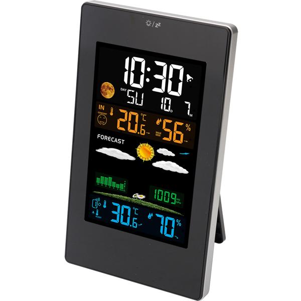 Moderne Wetterstation mit LCD-Farbdisplay, Funk-Aussensensor, Wecker & USB-Ladeport – präzise Wettervorhersage, Temperatur & Luftfeuchtigkeit