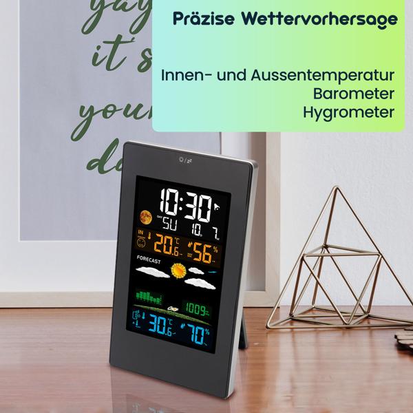 Moderne Wetterstation mit LCD-Farbdisplay, Funk-Aussensensor, Wecker & USB-Ladeport – präzise Wettervorhersage, Temperatur & Luftfeuchtigkeit