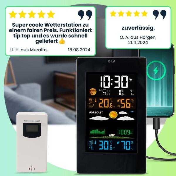 Moderne Wetterstation mit LCD-Farbdisplay, Funk-Aussensensor, Wecker & USB-Ladeport – präzise Wettervorhersage, Temperatur & Luftfeuchtigkeit