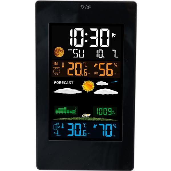Moderne Wetterstation mit LCD-Farbdisplay, Funk-Aussensensor, Wecker & USB-Ladeport – präzise Wettervorhersage, Temperatur & Luftfeuchtigkeit