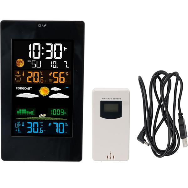 Moderne Wetterstation mit LCD-Farbdisplay, Funk-Aussensensor, Wecker & USB-Ladeport – präzise Wettervorhersage, Temperatur & Luftfeuchtigkeit