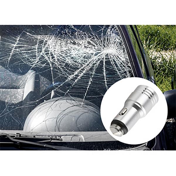 Dual-USB KFZ-Ladegerät  (3,1A) mit Nothammer: Sicherheits-Autoladegerät in Silber für PKW, LKW & mehr, 2 Ladeports & Notfall-Werkzeug