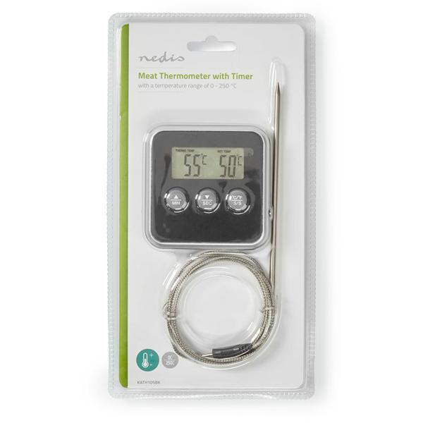 Präzises digitales Fleisch-, Braten- & Ofenthermometer, bis +250 °C, Fühler aus rostfreiem Edelstahl, Timer für BBQ, Grill, Smoker, Backofen