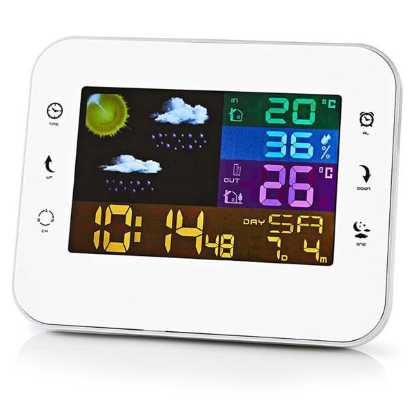 Drahtlose Wetterstation - Farb-LCD Display, Aussensensor - Präzise Wetterdaten, Luftfeuchtigkeit, Prognosen - Wecker & Schlummerfunktion - Silber-Weiss