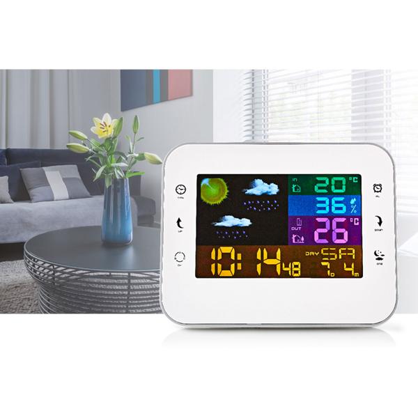 Drahtlose Wetterstation - Farb-LCD Display, Aussensensor - Präzise Wetterdaten, Luftfeuchtigkeit, Prognosen - Wecker & Schlummerfunktion - Silber-Weiss