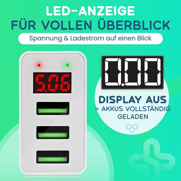 2er-Set Multi-Port USB Ladegerät mit 3 USB-A Ports & LED-Display, je 5 V/2,4 A, 3 Geräte gleichzeitig, für iPhone, Airpods, Samsung, Android, etc