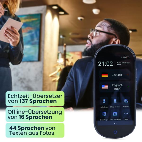 Revolutionärer Echtzeit-Übersetzer im 2er Set: 137 Sprachen, Sofort-Übersetzung, Text- & Sprachfunktion, Währungsrechner, grosses Display, schwarzes Design