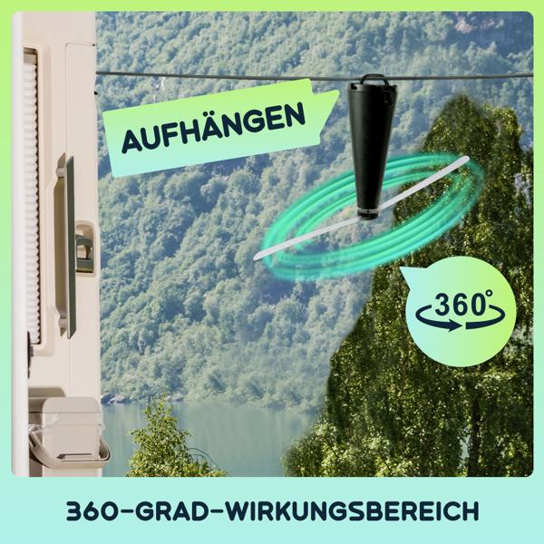 2er Akku-Fliegenvertreiber mit 2 Flügeln, tierfreundlicher Fliegenwedler ohne Chemie, Li-Ion Akku, Hinstellen, Aufhängen auf Balkon, Terrasse, im Garten