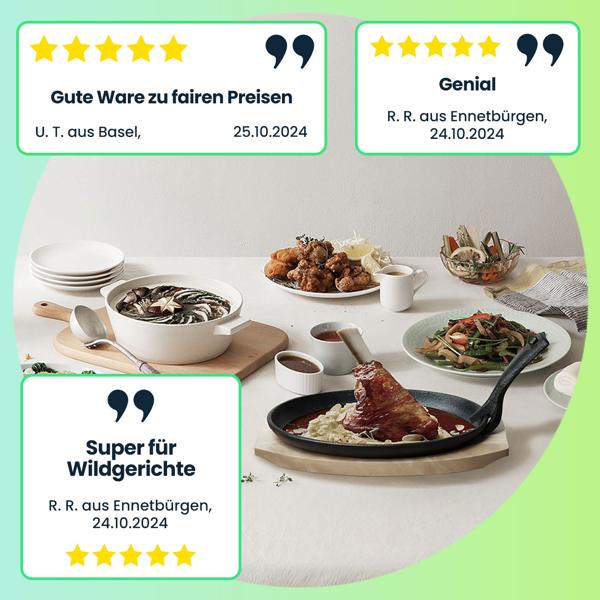 2er-Set Massive Profi Servierpfanne aus Gusseisen mit Holz-Untersetzer, 24 x 14 x 2,2 cm, Abnehmbarer Griff, bis 230 °C hitzebeständig 