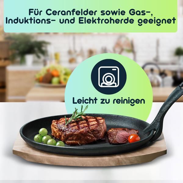 2er-Set Massive Profi Servierpfanne aus Gusseisen mit Holz-Untersetzer, 24 x 14 x 2,2 cm, Abnehmbarer Griff, bis 230 °C hitzebeständig 