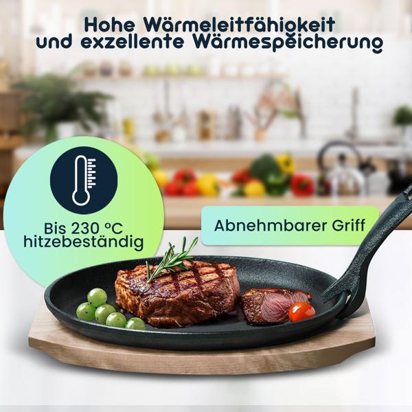 2er-Set Massive Profi Servierpfanne aus Gusseisen mit Holz-Untersetzer, 24 x 14 x 2,2 cm, Abnehmbarer Griff, bis 230 °C hitzebeständig 
