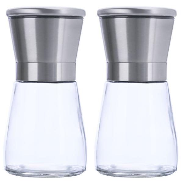 2er-Set Salz-/Pfeffermühle: Glas & Edelstahl, Keramik-Mahlwerk - 160ml, Ø 13,2cm - Mahlgrad stufenlos einstellbar - für maximales Aroma