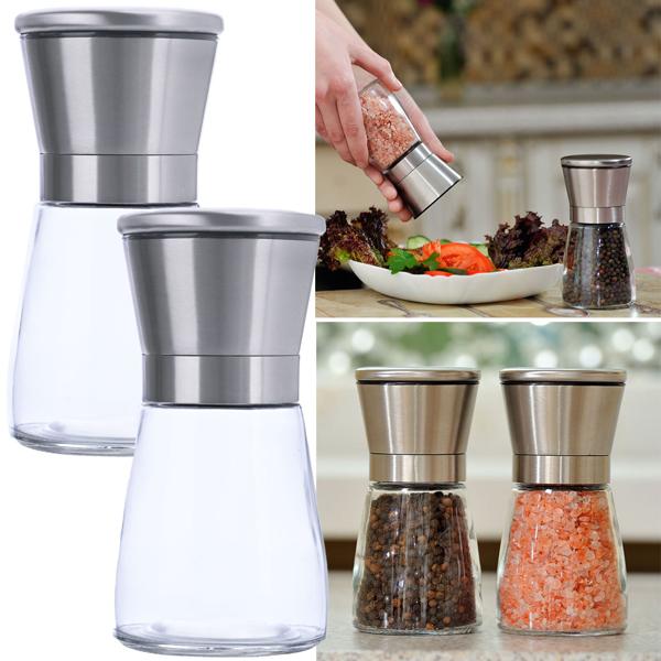 2er-Set Salz-/Pfeffermühle: Glas & Edelstahl, Keramik-Mahlwerk - 160ml, Ø 13,2cm - Mahlgrad stufenlos einstellbar - für maximales Aroma