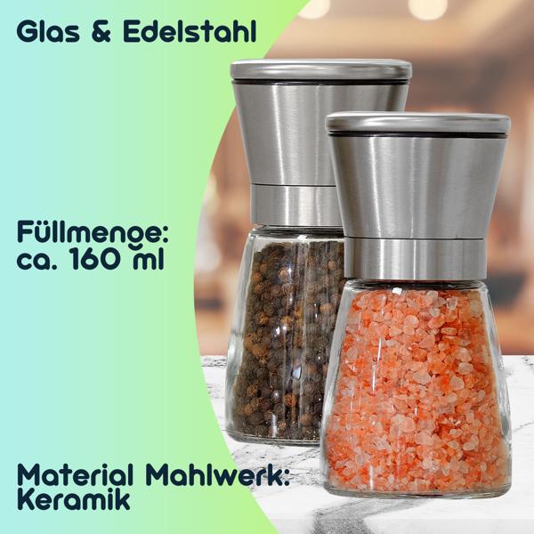 2er-Set Salz-/Pfeffermühle: Glas & Edelstahl, Keramik-Mahlwerk - 160ml, Ø 13,2cm - Mahlgrad stufenlos einstellbar - für maximales Aroma