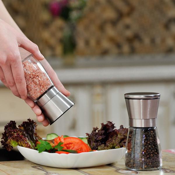 2er-Set Salz-/Pfeffermühle: Glas & Edelstahl, Keramik-Mahlwerk - 160ml, Ø 13,2cm - Mahlgrad stufenlos einstellbar - für maximales Aroma