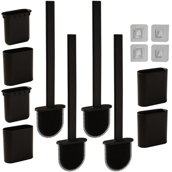 4er-Set WC-Bürste mit Silikonborsten, 4 Toilettenbürsten inkl. Bürstenhalter, schwarz, schnell trocknend, die effizientere Art der Toiletten Hygiene