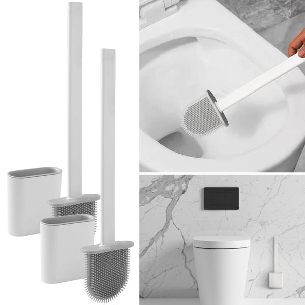 4er-Set WC-Bürste mit Silikonborsten, 4 Toilettenbürsten inkl. Bürstenhalter, weiss/grau, schnell trocknend, die effizientere Art der Toiletten Hygiene
