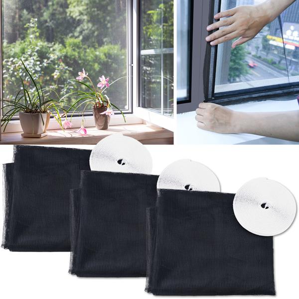 3er-Set Fliegennetz für Fenster bis 130 x 150 cm, Fliegengitter individuell zuschneidbar PLUS 6m Klettband - Mückenschutz ohne Bohren