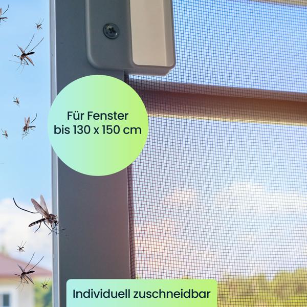 3er-Set Fliegennetz für Fenster bis 130 x 150 cm, Fliegengitter individuell zuschneidbar PLUS 6m Klettband - Mückenschutz ohne Bohren