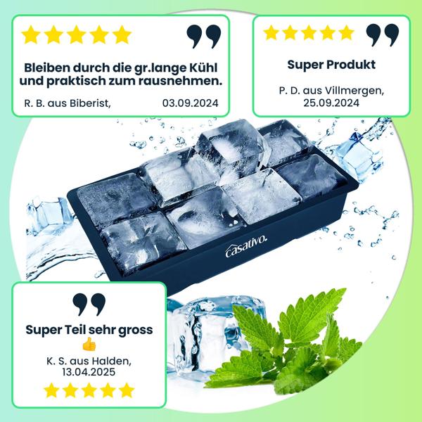 2er-Set XXL Silikon Eiswürfelform (8 Fächer, 5x5cm): Grosse Eiswürfel, 1 Liter Füllmenge – BPA-freie, langlebige & wiederverwendbare Eiswürfelform