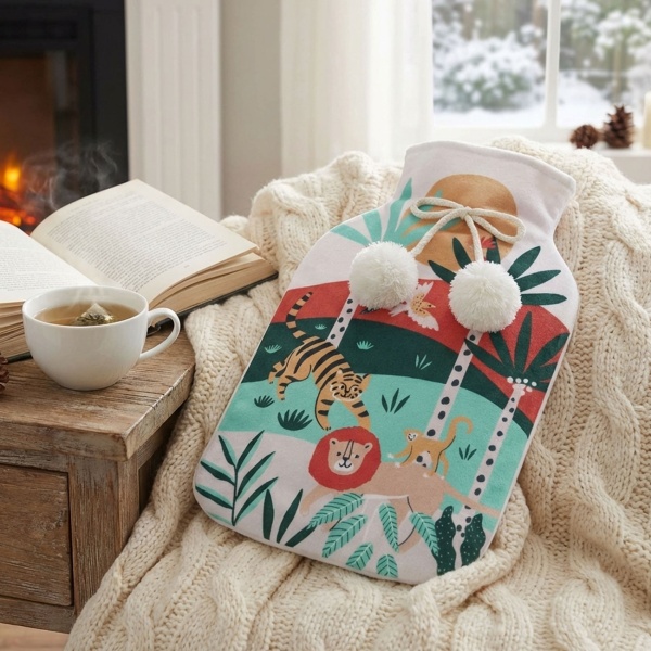 Wärmflasche mit buntem Dschungel-Bezug - Ideal für gemütliche Stunden auf Couch & Bett - Für Wärme & Kühlung, 21x34cm, erfüllt BS 1970:2012