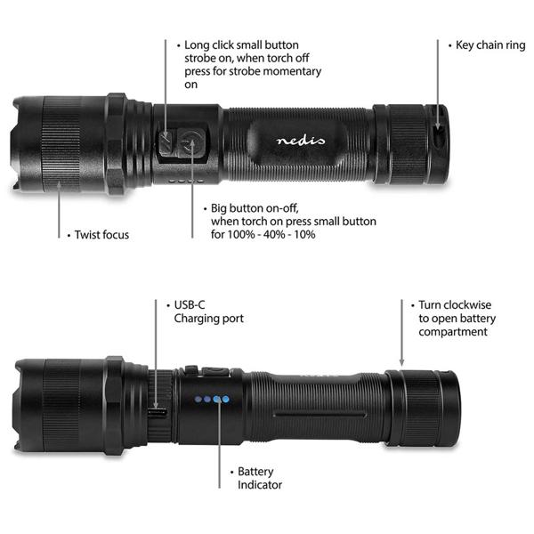 LED-Taschenlampe - Vollmetallgehäuse & Li-Ionen-Akku 3,7V/2,2Ah - 10W, 1000 Lumen, 100m Reichweite, IPX4, USB-C - Perfekt für Outdoor & Notfälle