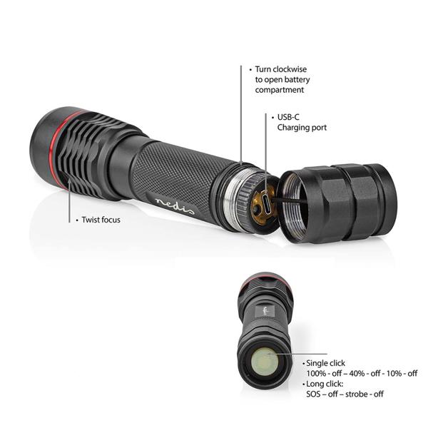 LED-Taschenlampe - robustes Vollmetallgehäuse IPX7 wasserdicht - 200m Leuchtweite 1000 Lumen - 10W Li-Ionen-Akku USB-C wiederaufladbar