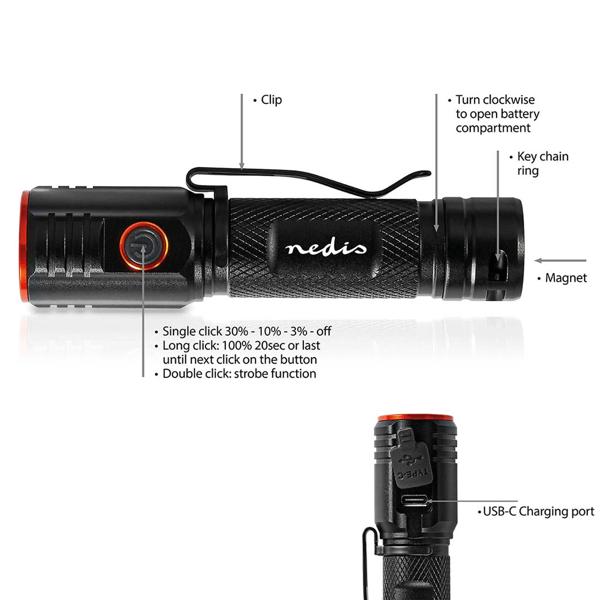 LED-Taschenlampe - 2000 Lumen & 180m Leuchtweite für Camping & Outdoor - IPX6 Wasserdicht - Vollmetallgehäuse - USB-C Akku - Schwarz