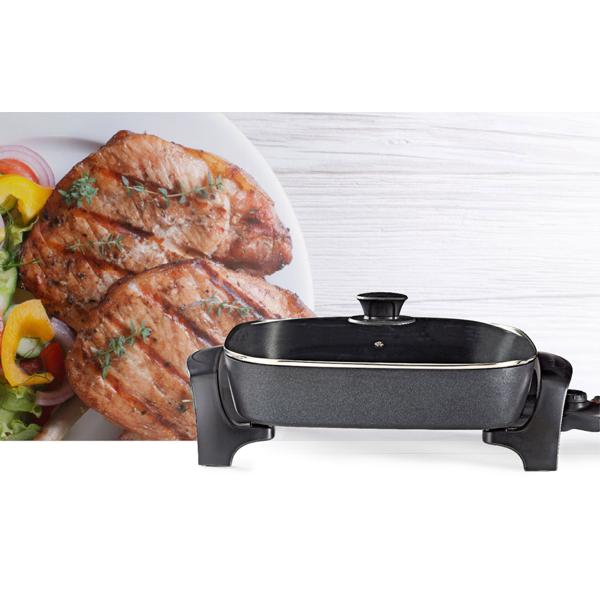 XXL-Partypfanne elektrisch, 40cm, 7 Liter, Aluminium, schwarz, starke 2200 Watt – Mit Glasdeckel & Cool-Touch Griffen, für grosse Runden