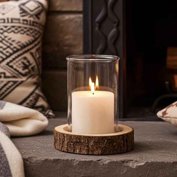 5er-Set Windlichter auf Echtholzsockel – Kerzengläser mit Naturrinde für Innen & Aussen – Dekoration Terrasse Balkon – Geschenkidee – Pappelholz aus Ungarn