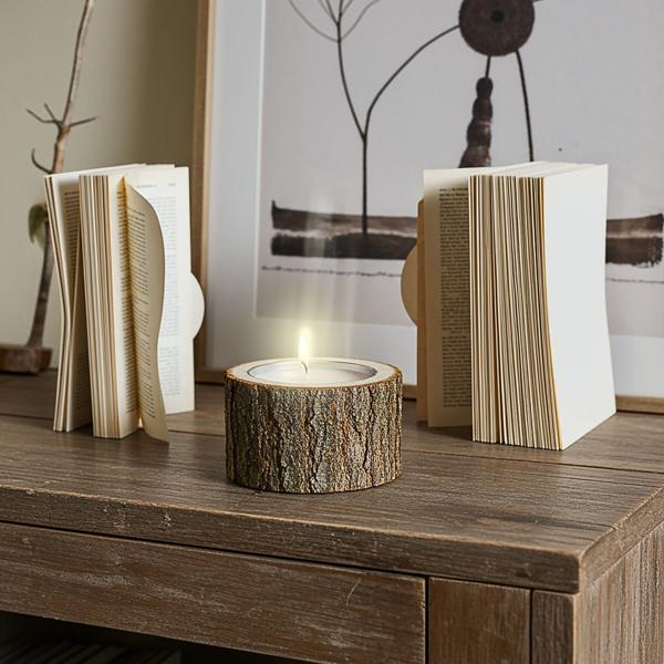 2er-Set Holz Kerzenhalter - Handgefertigt, rustikale Natur Deko für Wohnzimmer & Bad, mit Naturrand - Braun, Ø 12x4cm Holz, Ø 8x11cm Glas