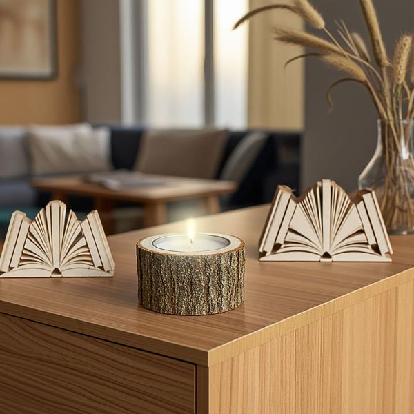 2er-Set Holz Kerzenhalter - Handgefertigt, rustikale Natur Deko für Wohnzimmer & Bad, mit Naturrand - Braun, Ø 12x4cm Holz, Ø 8x11cm Glas