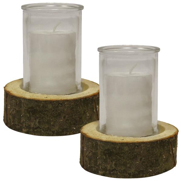 2er-Set Echtholz-Windlicht mit Kerzenglas - Natur-Look Deko für Innen & Aussen - Ø8x11cm/Ø12x4cm - Warme Atmosphäre - Holzsockel mit Naturrinde