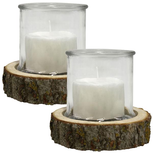 2er-Set Kerzenglas auf Echtholzsockel mit Naturrinde - Windlicht Natur für Innen- & Aussenbereich - Ø13x13cm - Ø18x4cm, Pappel aus Ungarn