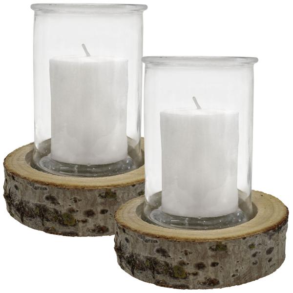 2er Set Kerzenglas auf Holzsockel - Windlicht Natur mit Echtholzsockel & Rinde - Ø 10x13,5cm Glas - Ø 15x4cm Sockel - Romantische Deko für Innen & Aussen