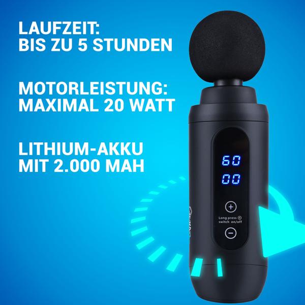Professionelle Massage-Pistole, Massage Gun, 6 Köpfe, 20 Intensitätsstufen, Akkubetrieb für Oberschenkel, Bauch, Schulter, Nacken und Rücken