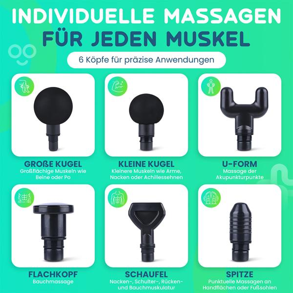 Professionelle Massage-Pistole, Massage Gun, 6 Köpfe, 20 Intensitätsstufen, Akkubetrieb für Oberschenkel, Bauch, Schulter, Nacken und Rücken