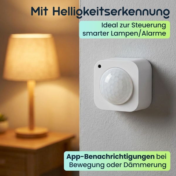 SmartLife Bewegungssensor - PIR-Sensor - Smart Home kompatibel - Helligkeitserkennung - kabellos, batteriebetrieben - 100° Detektionswinkel - 4,6x3,9x4,6 cm