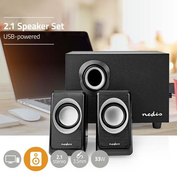 Lautsprecher mit Subwoofer - 2.1-Stereo-Sound für PC, Laptop & Smartphone - 33 Watt Gesamt, 15 Watt Subwoofer, 3,5mm Anschluss - USB-betrieben