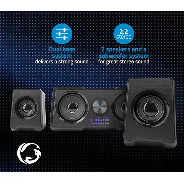 Gaming Lautsprecher PC Soundsystem - 2.2 Dual-Subwoofer 48 W RMS 16 W - LED-Lichteffekte reaktiv - 3.5mm AUX USB-A - für PC Laptop Smartphone
